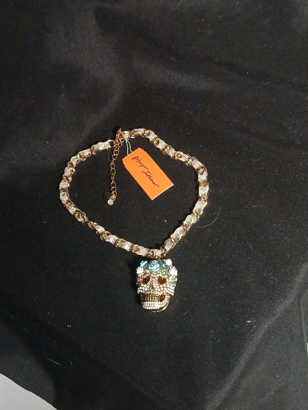 Betsey Johnson Gold Tone Skull Pendant Necklace with Multicolor Crystals